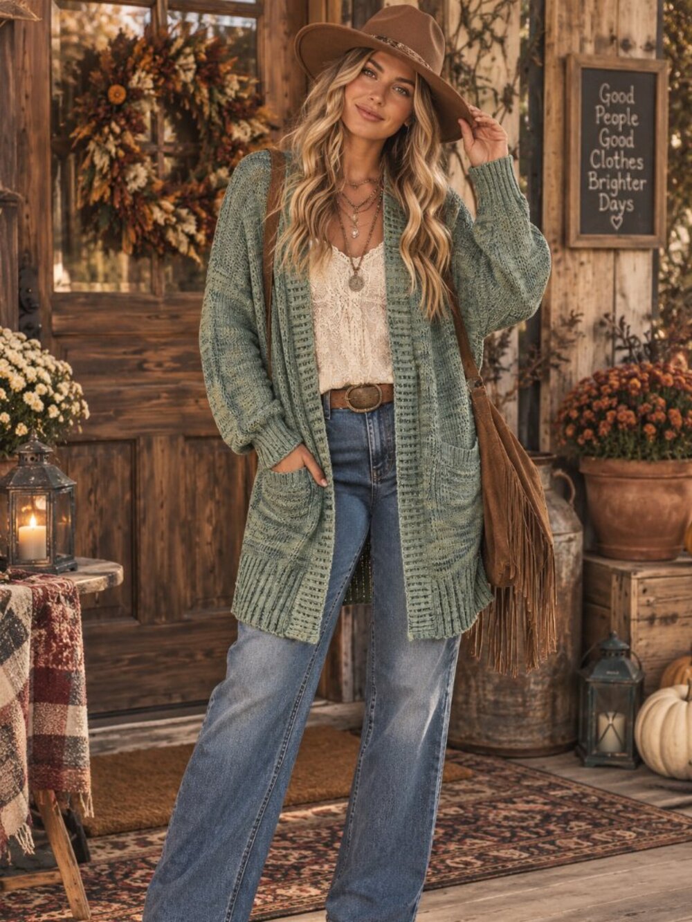 Knox Rose Sage Green Open Front Boho Cardigan